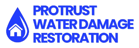 ProTrust Water Damage Restoration logo with blue water droplet and house icon.